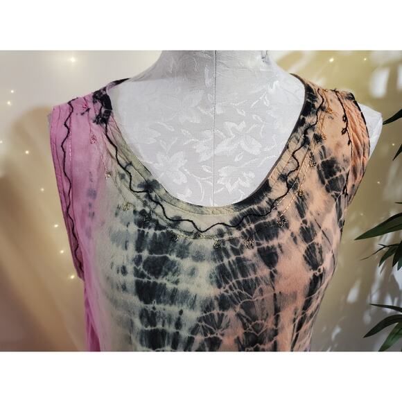 Henna VTG Embroidered Tie Dye Twirl Midi Dress Womens One Size Hippie Festival - Picture 5 of 13